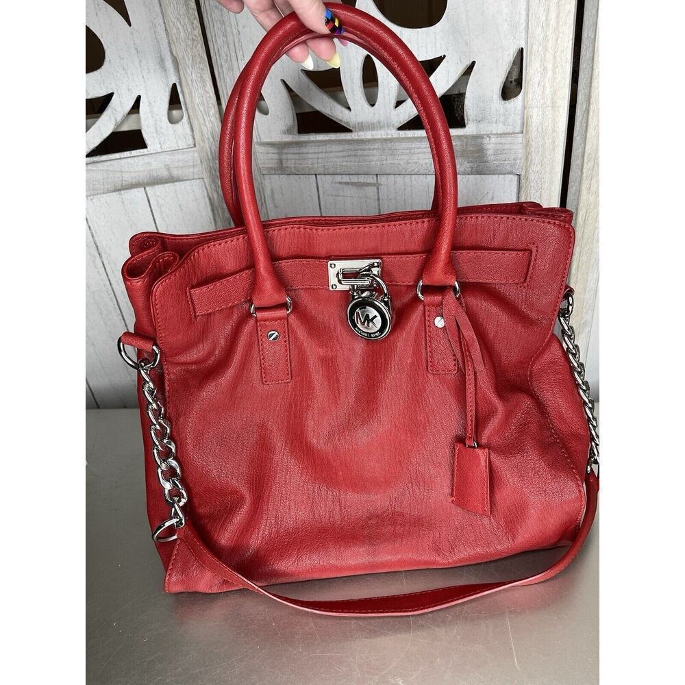 MICHAEL KORS Hamilton Large Red Leather Satchel Tote Purse Bag Silver Hardware